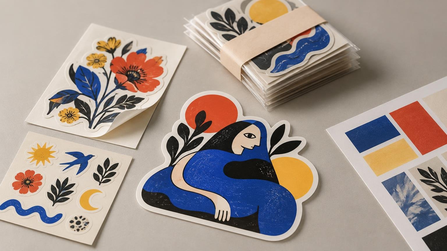 Editorial tabletop photograph of colorful vinyl sticker sheets and die-cut stickers, including floral designs, abstract shapes, a blue bird, and a stylized seated figure, with a bundled stack of stickers in clear sleeves.