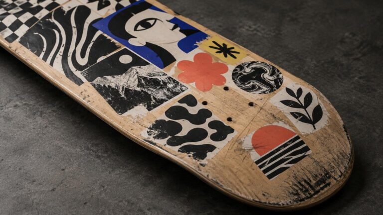 Close-up of a worn wooden skateboard deck covered with assorted abstract graphic stickers on a dark textured surface.