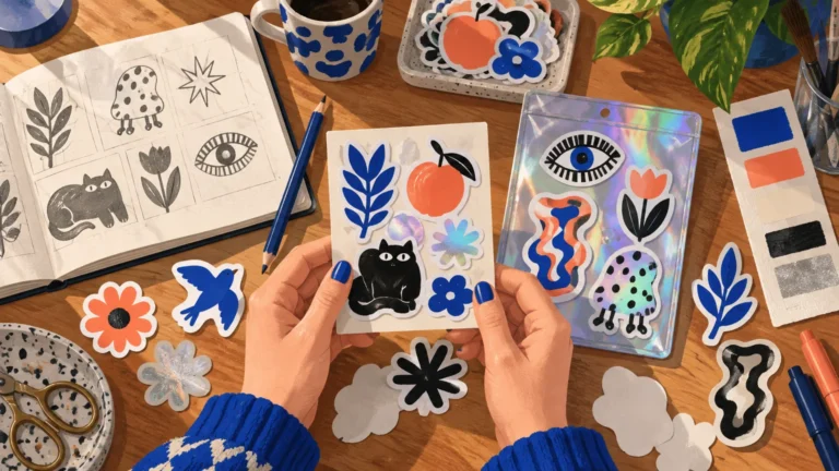 Illustrated overhead view of an artist’s desk with hands arranging colorful original sticker sheets beside a sketchbook, pencils, scissors, paint swatches, and potted plants.