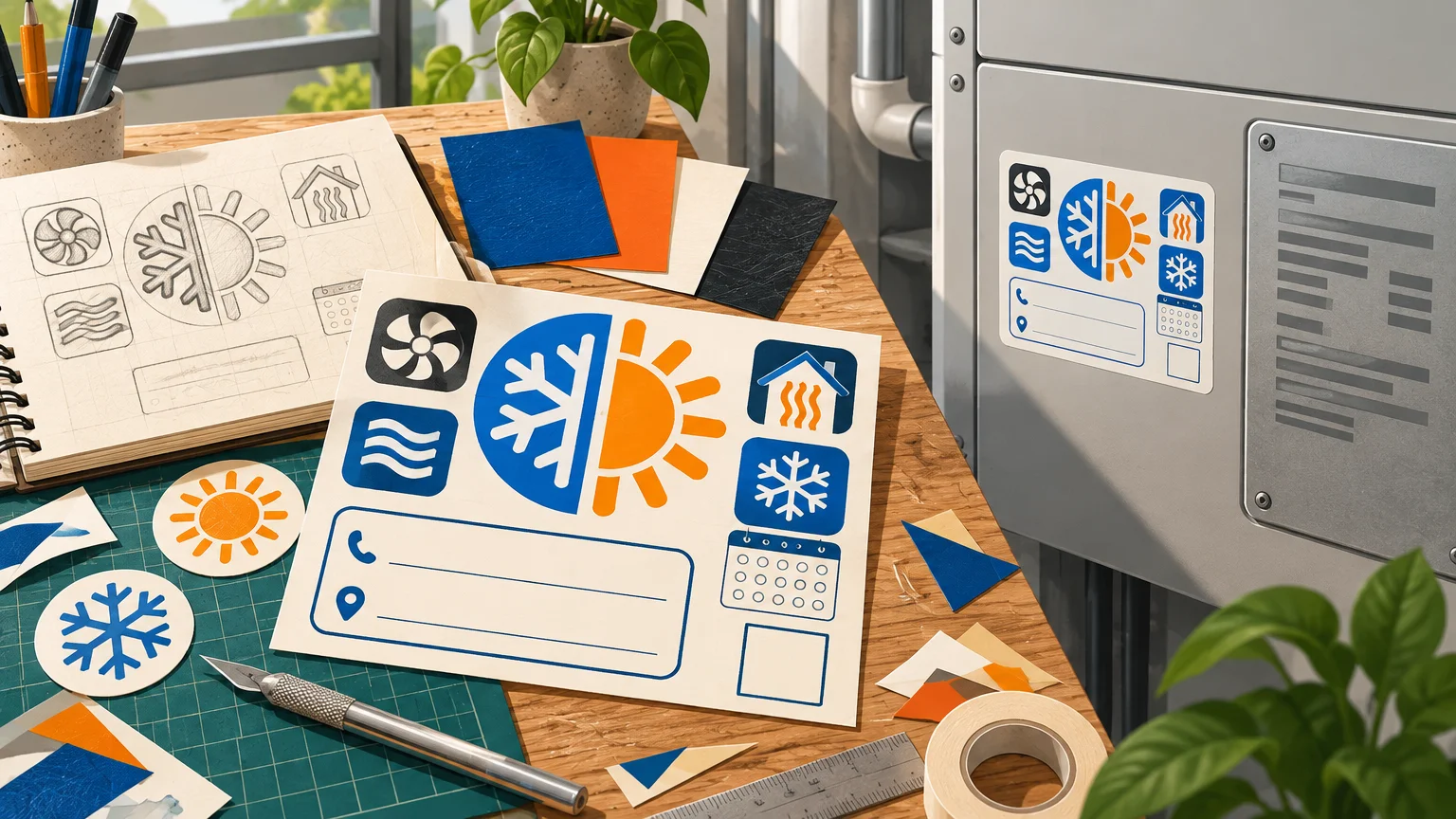 Illustrated HVAC service sticker design on a wooden worktable beside a gray heating-and-cooling unit, with blue snowflakes, orange sun and heat symbols, a fan icon, blank contact lines, paper scraps, cutting tools, and potted plants.