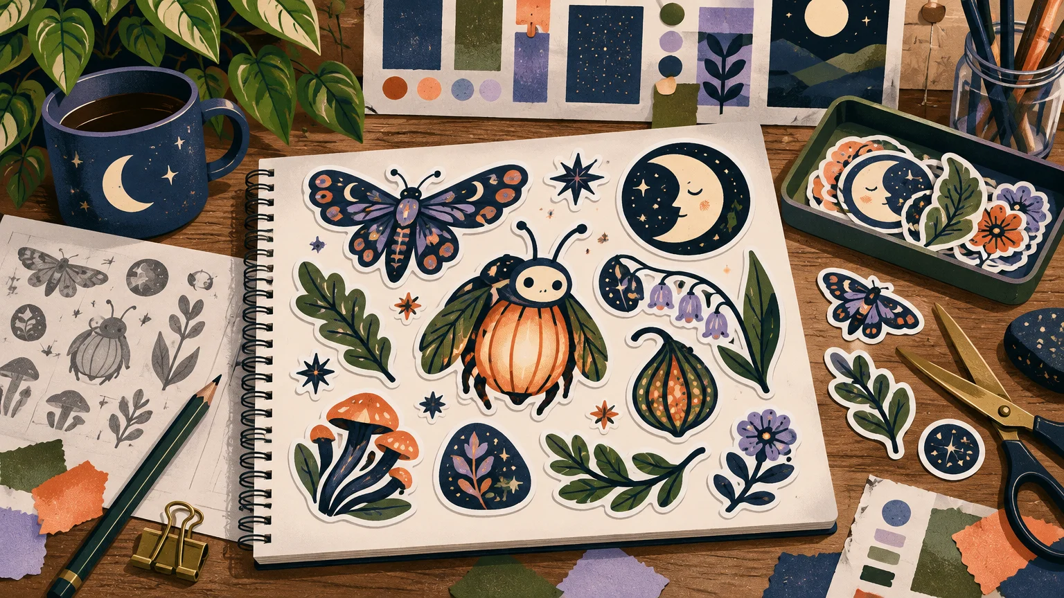 Overhead view of a wooden artist’s desk with a sketchbook displaying a colorful sheet of original-looking night-garden stickers, including a glowing orange beetle, moths, moon faces, mushrooms, leaves, flowers, and stars. Nearby are a pencil sketch page, scissors, paint swatches, a moon-patterned mug, brushes, and a tray of loose stickers.