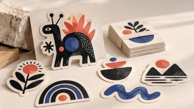 Editorial tabletop photograph of a coordinated collection of thick, die-cut illustrated stickers in black, rust red, and blue, including a stylized animal, flowers, landscape shapes, rainbow, and wavy line.