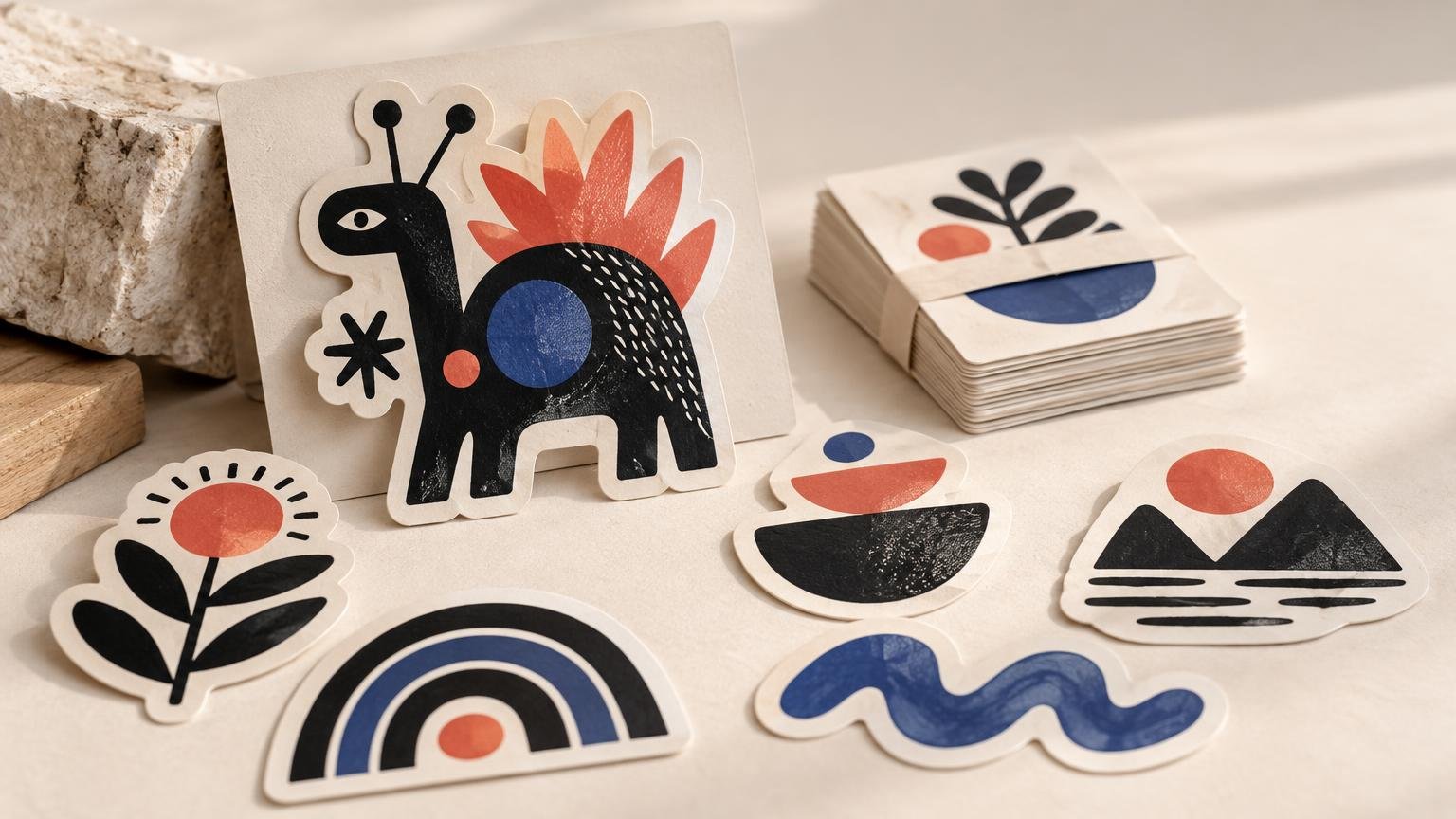 Editorial tabletop photograph of a coordinated collection of thick, die-cut illustrated stickers in black, rust red, and blue, including a stylized animal, flowers, landscape shapes, rainbow, and wavy line.