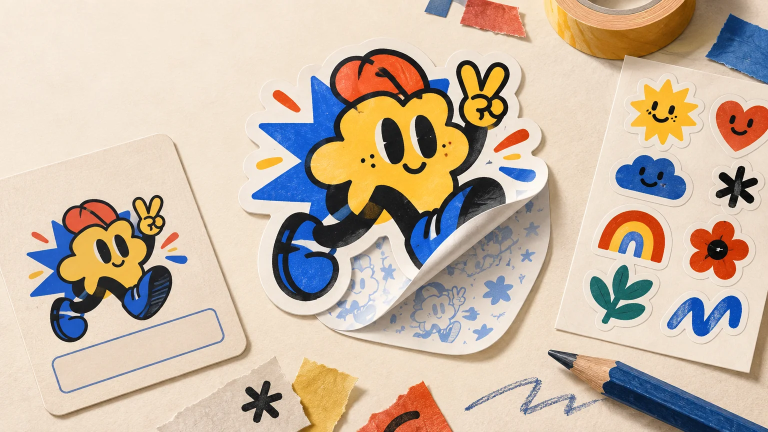 Overhead view of a colorful sticker-art workspace with a peeled yellow cartoon character sticker, its pale blue printed release liner visible underneath, a matching backing card with a blank outlined label area, a sheet of small cheerful icon stickers, tape, torn paper scraps, and a blue pencil.