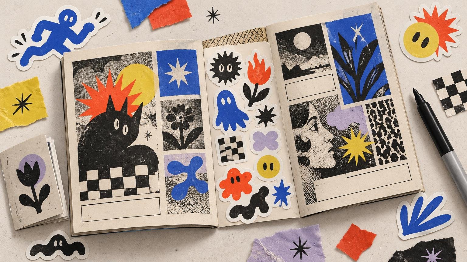 Open illustrated zines surrounded by colorful die-cut stickers, torn paper pieces, and a black marker on a pale work surface.