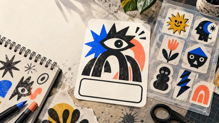 Overhead view of a sketchbook, pens, scissors, and a plastic sheet of colorful illustrated stickers beside a large blank-label sticker featuring a bold eye and abstract black, blue, and orange shapes.