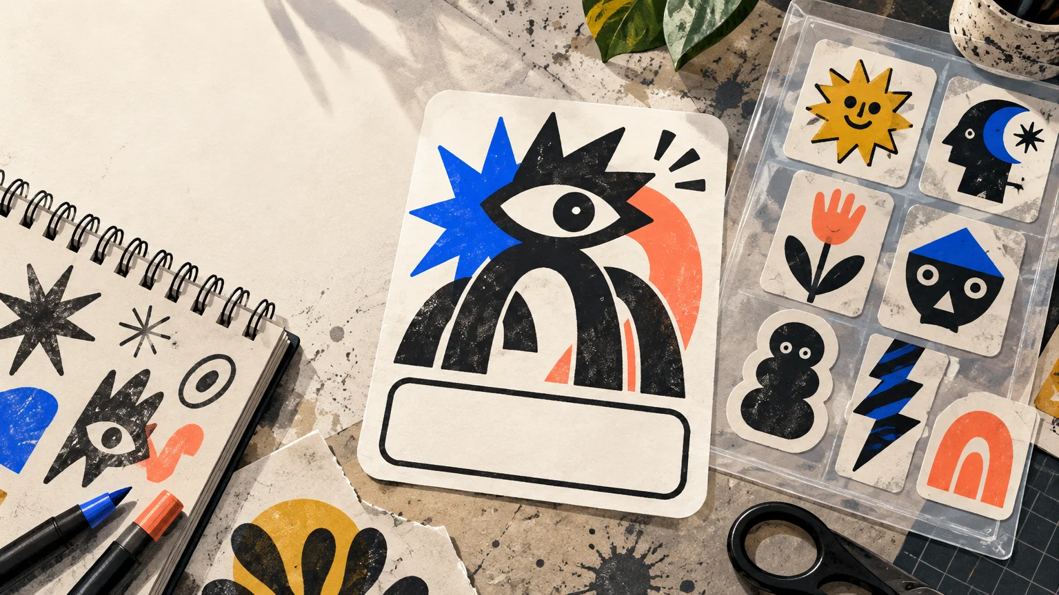 Overhead view of a sketchbook, pens, scissors, and a plastic sheet of colorful illustrated stickers beside a large blank-label sticker featuring a bold eye and abstract black, blue, and orange shapes.