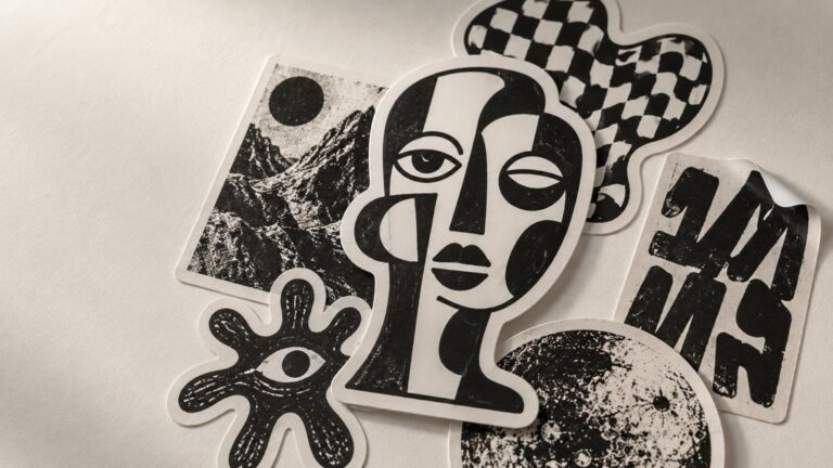 Close-up editorial photograph of overlapping black-and-white vinyl stickers on a textured off-white surface, including a bold abstract face, checkerboard pattern, mountain scene, eye motif, and distressed graphic shapes.