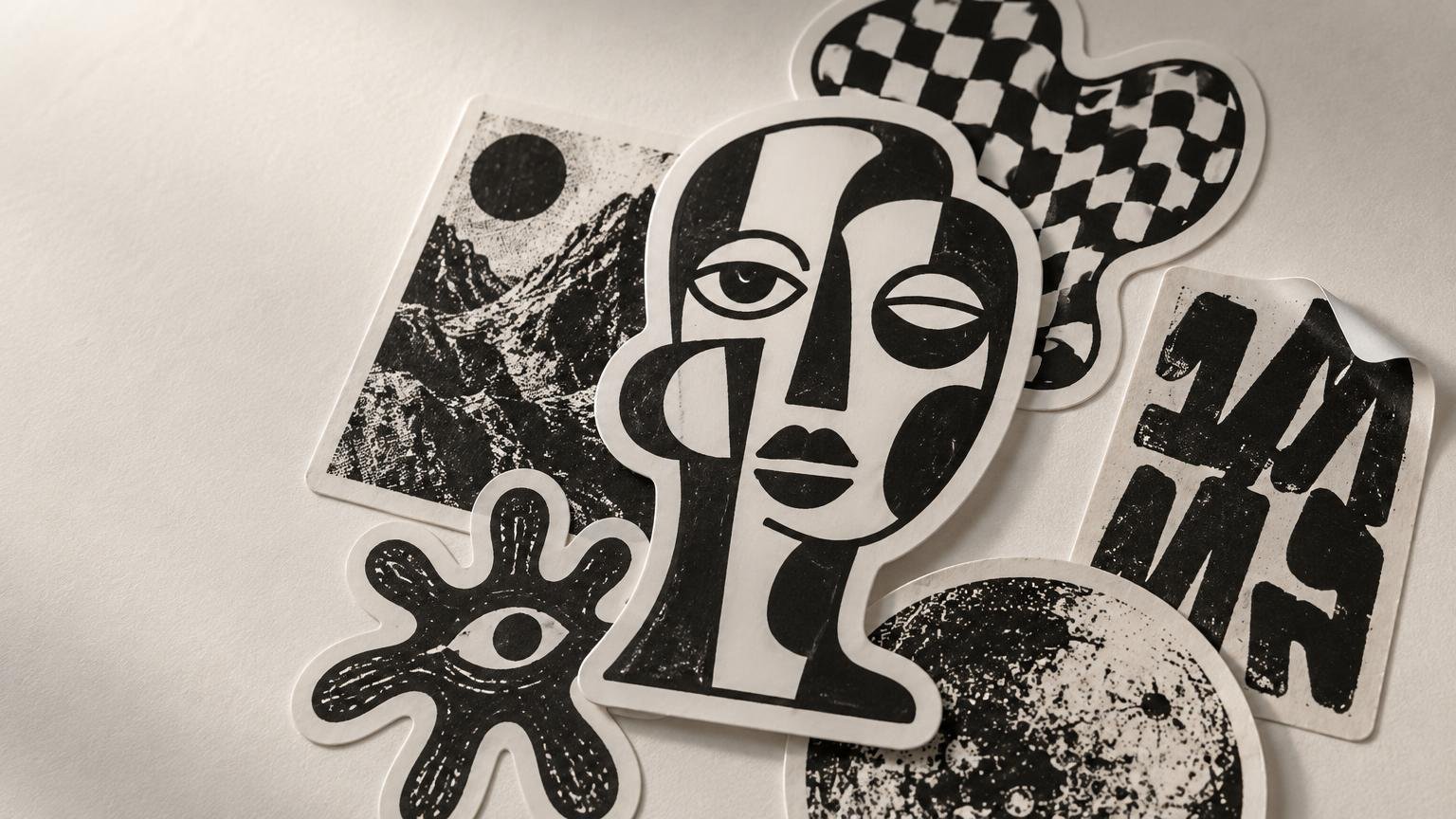 Close-up editorial photograph of overlapping black-and-white vinyl stickers on a textured off-white surface, including a bold abstract face, checkerboard pattern, mountain scene, eye motif, and distressed graphic shapes.