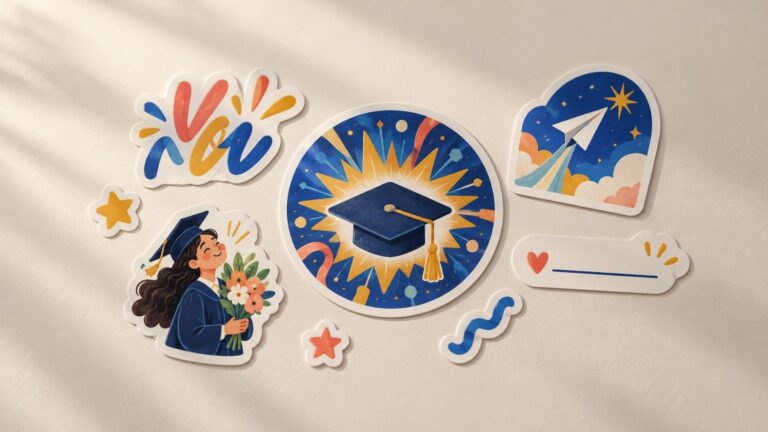 Colorful graduation-themed stickers on a cream textured surface, including a graduate with flowers, a mortarboard, a paper airplane, stars, and abstract shapes.