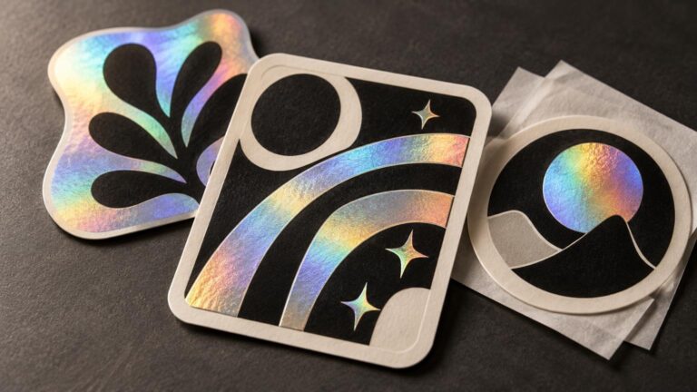 Close-up studio photograph of three holographic stickers on a dark textured surface: an abstract leaf, a rainbow and stars in a rounded rectangular frame, and a circular landscape design with backing paper visible.