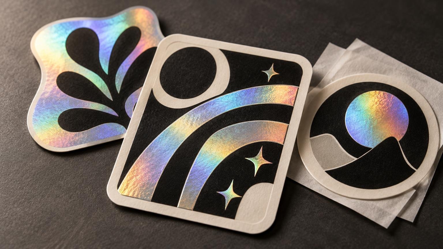 Close-up studio photograph of three holographic stickers on a dark textured surface: an abstract leaf, a rainbow and stars in a rounded rectangular frame, and a circular landscape design with backing paper visible.