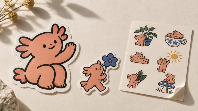 Warmly lit tabletop photograph showing a large peach cartoon axolotl sticker, a smaller axolotl holding a blue flower, and a sticker sheet of tiny axolotl scenes with plants, a teacup, sun, leaves, and a mushroom.