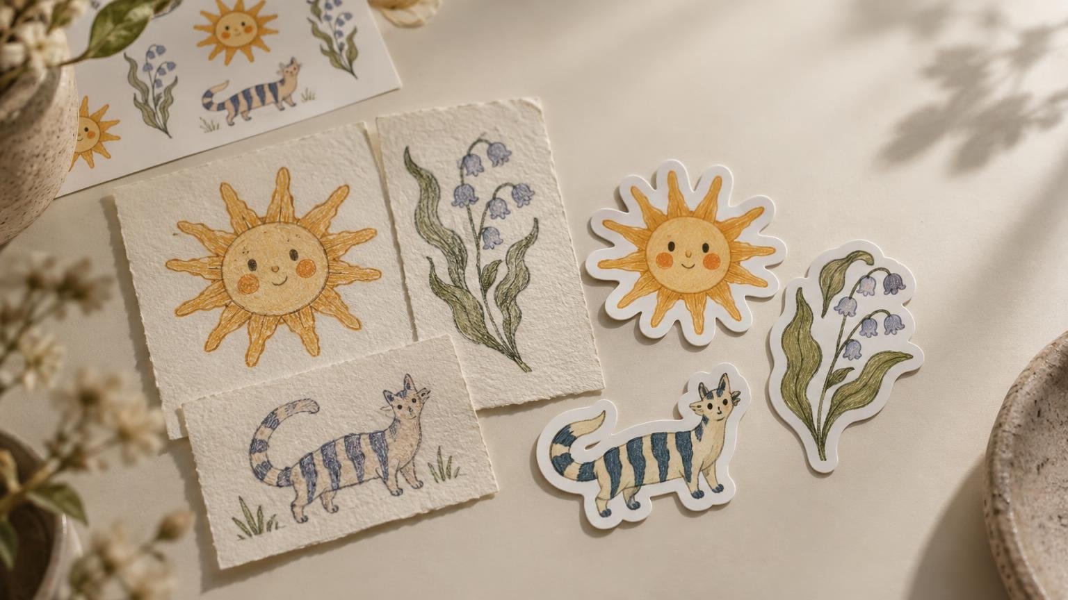 Warmly lit tabletop scene showing hand-drawn sun, bluebell flower, and striped cat illustrations on textured paper beside matching white-bordered die-cut stickers.