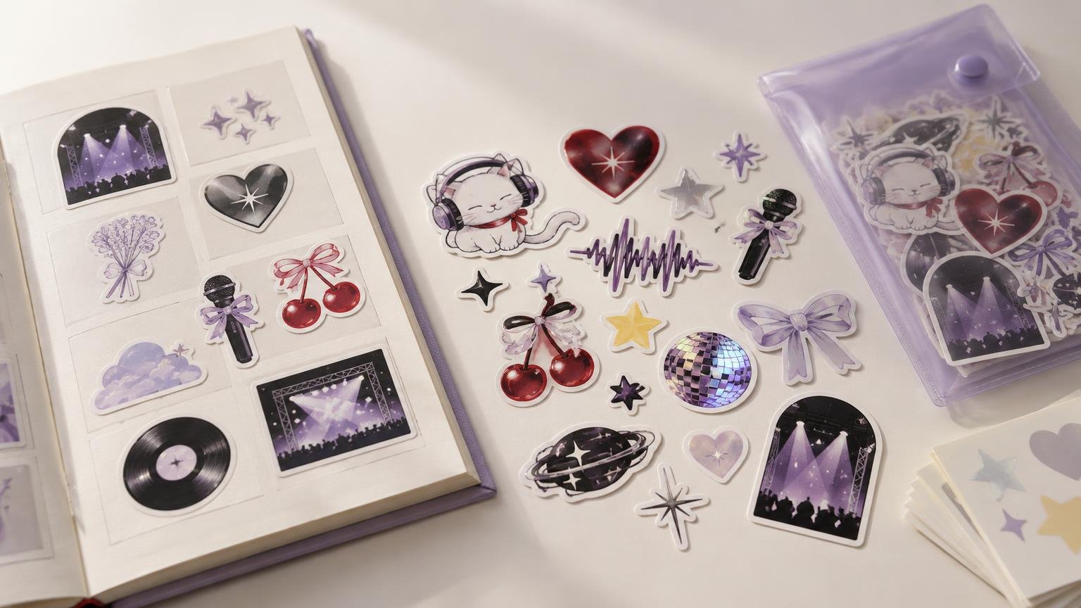Open sticker album beside loose purple, black, red, and silver music-themed stickers, including microphones, concert lights, hearts, bows, cherries, a headphone-wearing cat, and a disco ball.