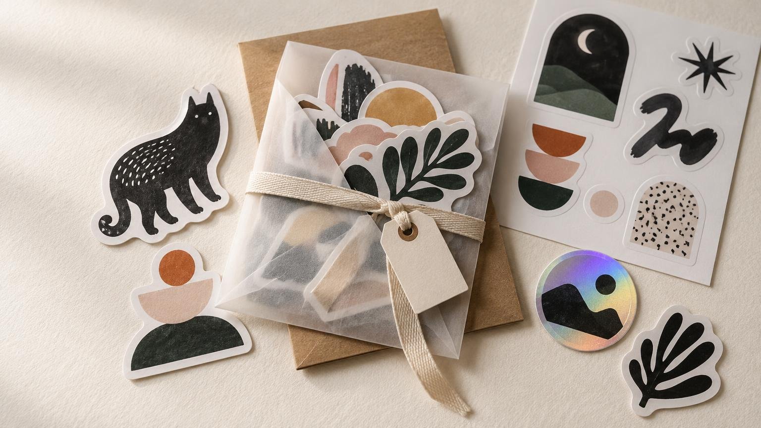 Editorial flat lay of a gift-wrapped translucent pouch of assorted abstract stickers on kraft paper, with a blank tag, ribbon, loose cat and botanical stickers, a holographic landscape sticker, and a sticker sheet on a textured cream surface.